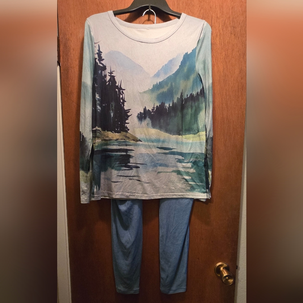 Patagonia Blue & Green Scenic Sleepwear/lounge/winterwear 2pc Set SzL&M - Picture 2 of 8